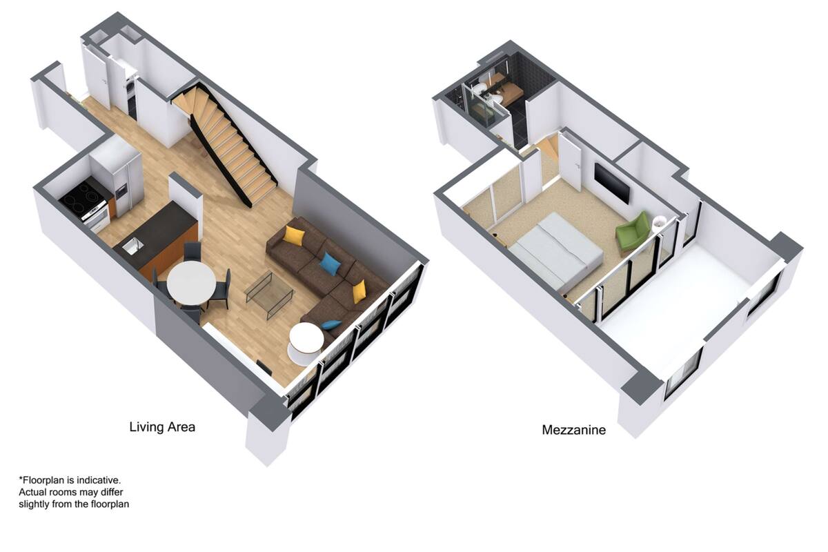 A 3D floor plan of a living area and a mezzanine. The living area includes a kitchen, dining table, sofa, and a staircase to the mezzanine. The mezzanine has a bed, a small table, and a chair.