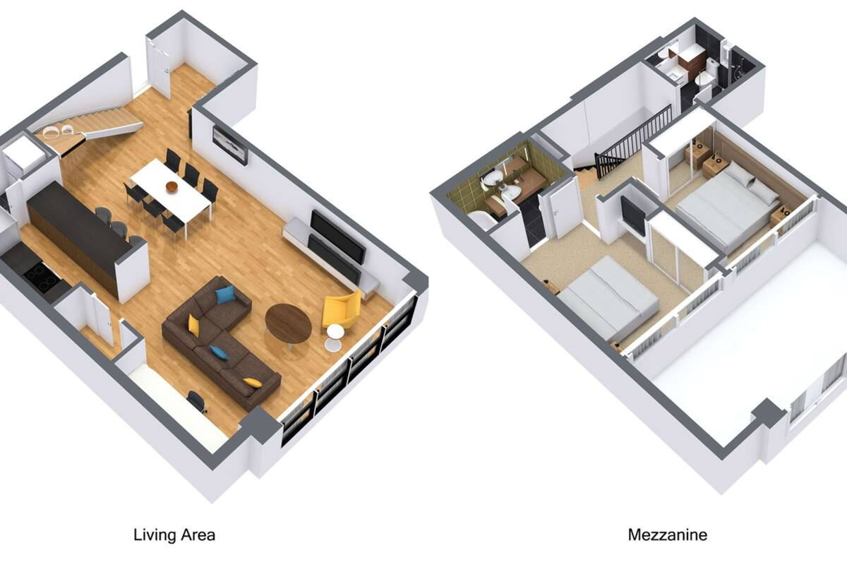 A 3D floor plan of a modern apartment with a living area, kitchenette, and a mezzanine.