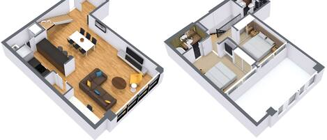 A 3D floor plan of a modern apartment with a living area, kitchenette, and a mezzanine.
