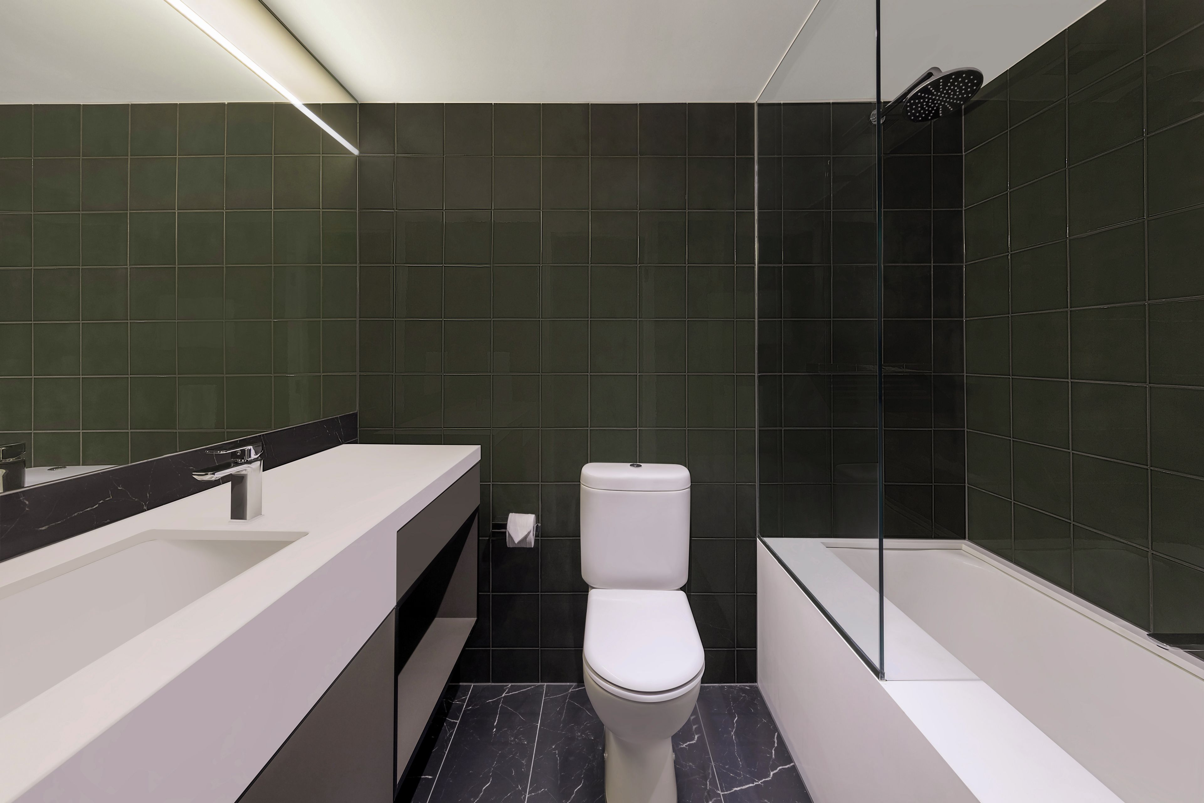 Ein modernes Badezimmer mit einer weißen Toilette, einem schwarzen Marmorwaschbecken und einer Duschkabine.