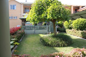Un jardín bien cuidado con un árbol central, rodeado de setos podados y una cerca de piquetes blancos.