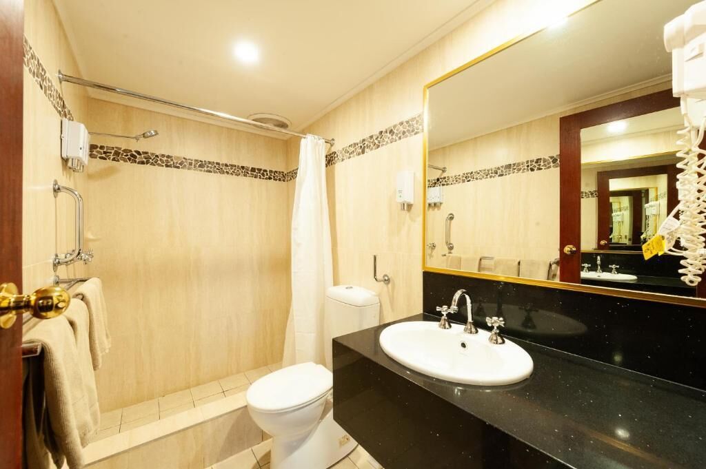 Een badkamer met douche, toilet en wastafel.