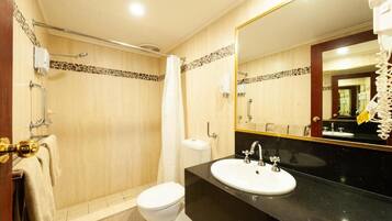 Een badkamer met douche, toilet en wastafel.