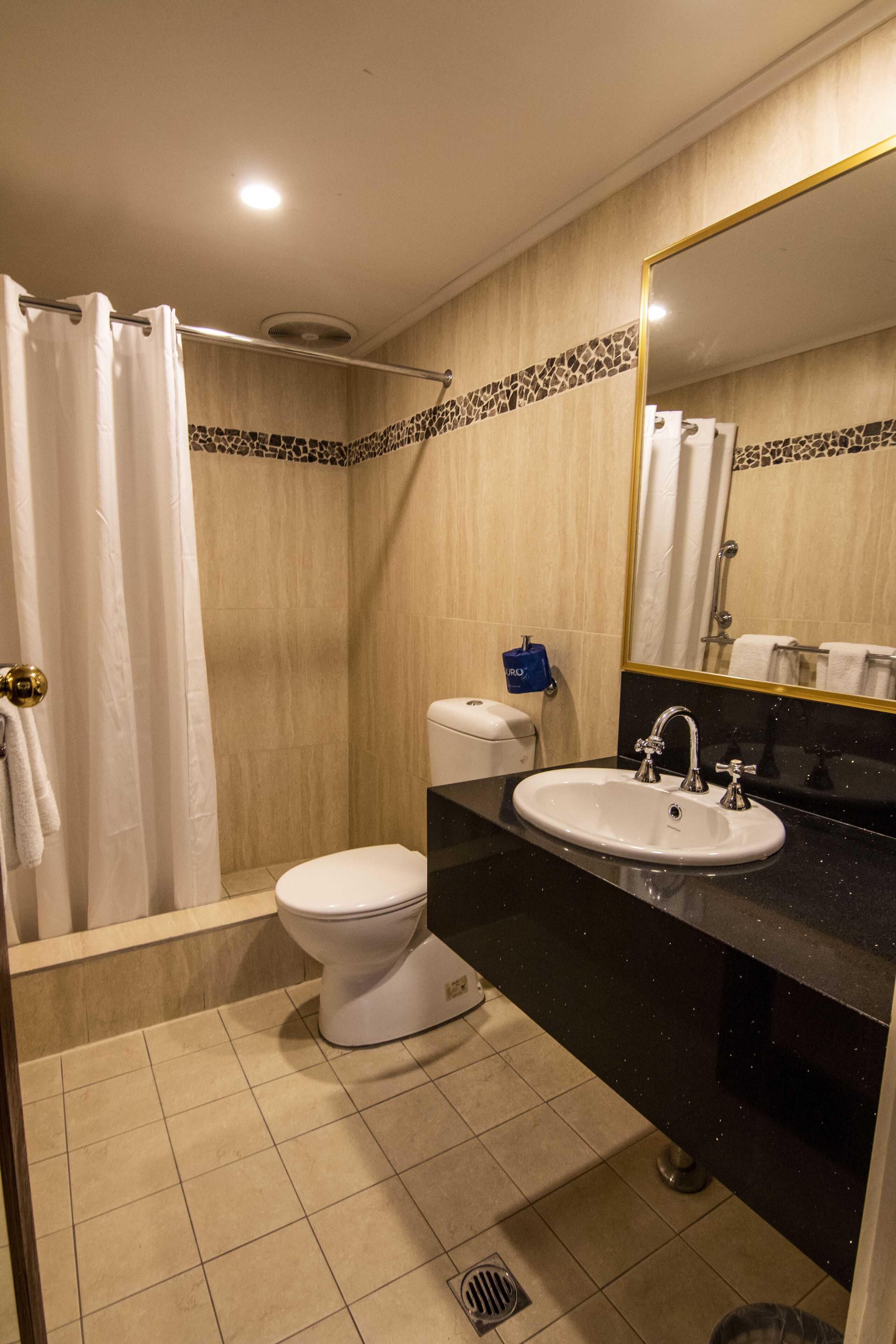 designer toiletries, hair dryer, towels