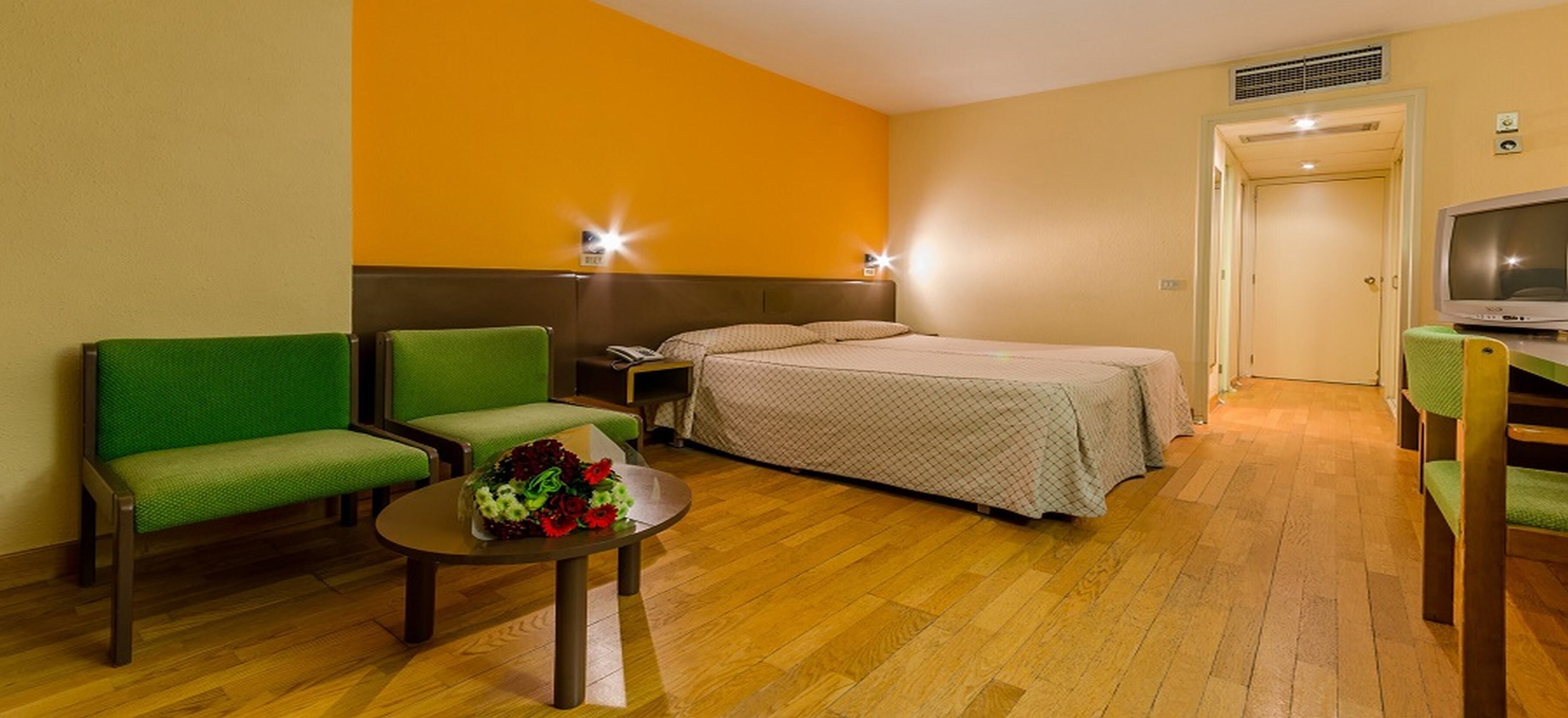 Une chambre d’hôtel avec un lit, deux fauteuils verts, une petite table sur laquelle est posé un vase de fleurs et un téléviseur.