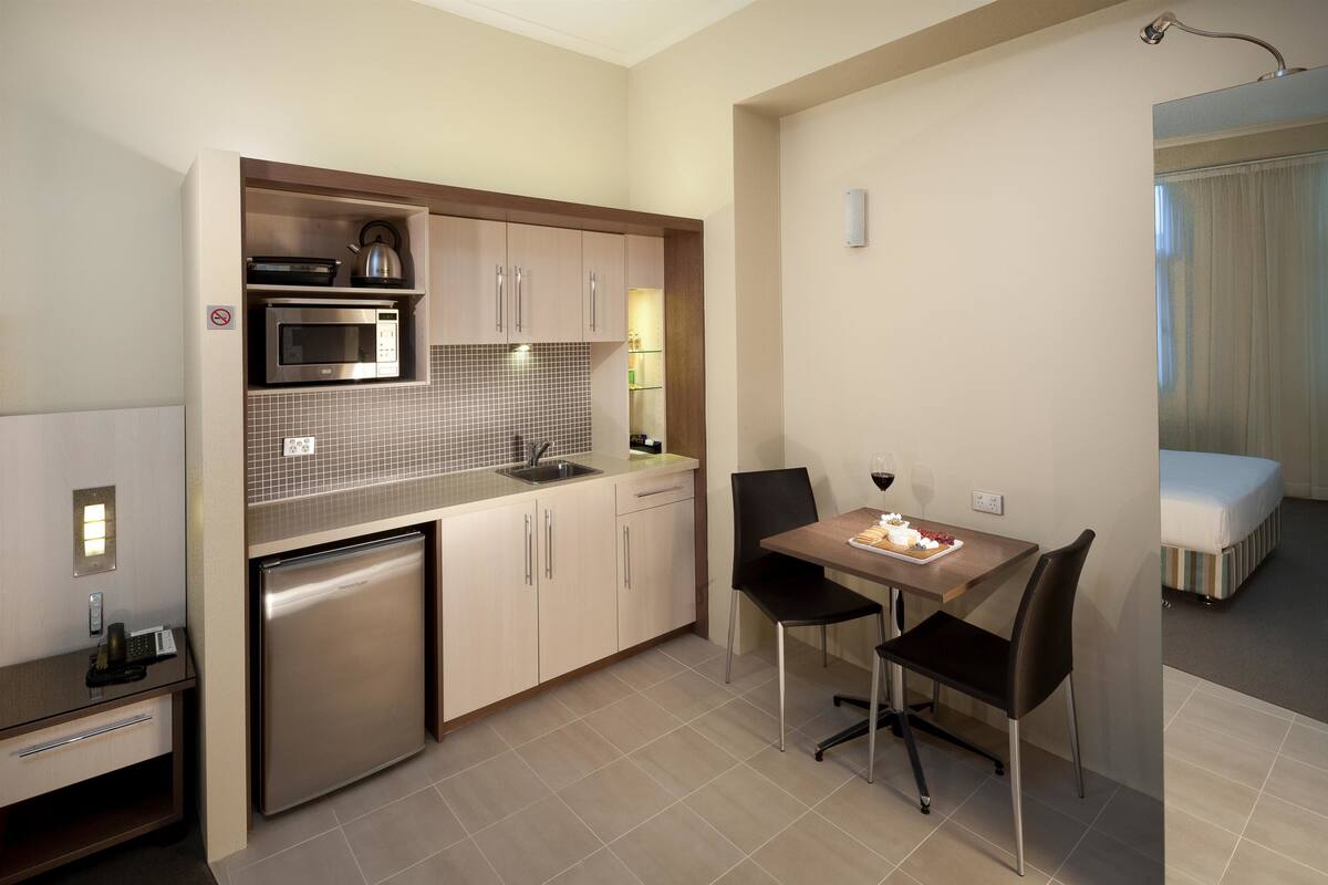 studio 1 queen bed | private kitchen | fridge, microwave, coffee/tea maker, electric kettle