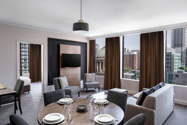 Minibar, desk, laptop workspace, blackout curtains