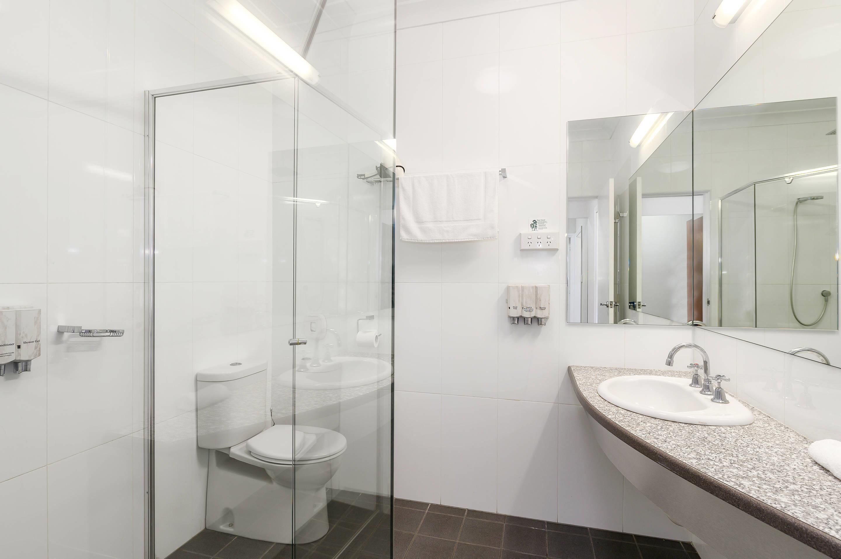 Un baño moderno con ducha envuelta en vidrio, inodoro blanco, lavamanos con encimera de granito y un espejo grande.