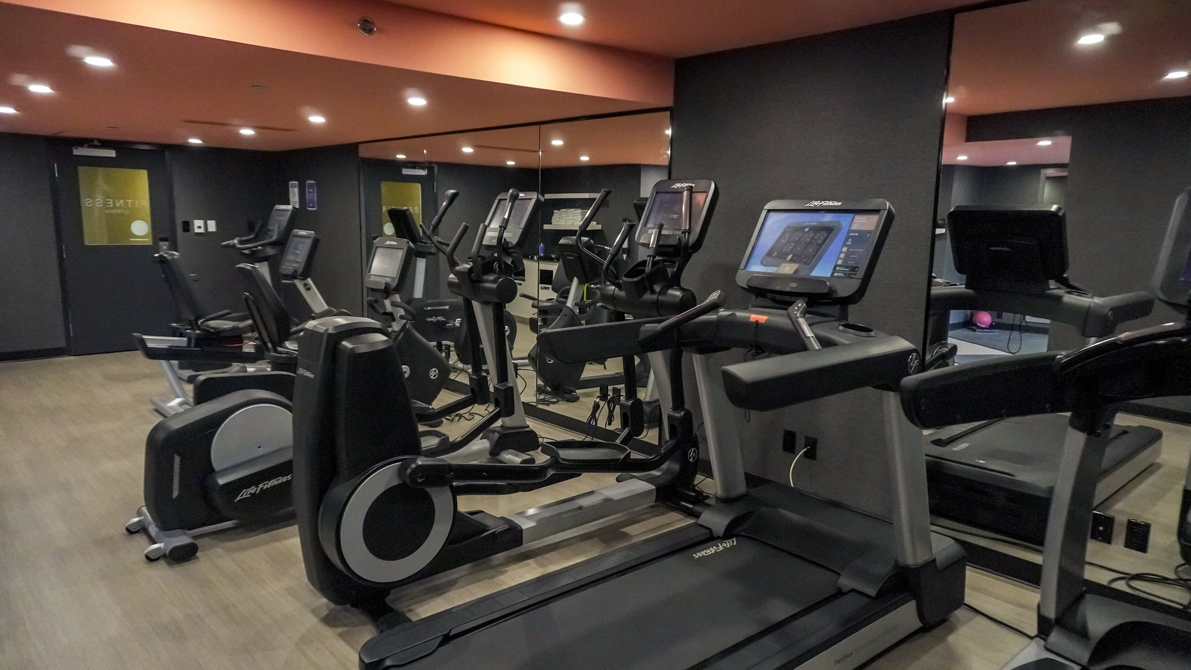 Ein Fitnessraum mit mehreren Cardiogeräten, darunter Laufbänder und Crosstrainer, die in Reihen angeordnet sind.
