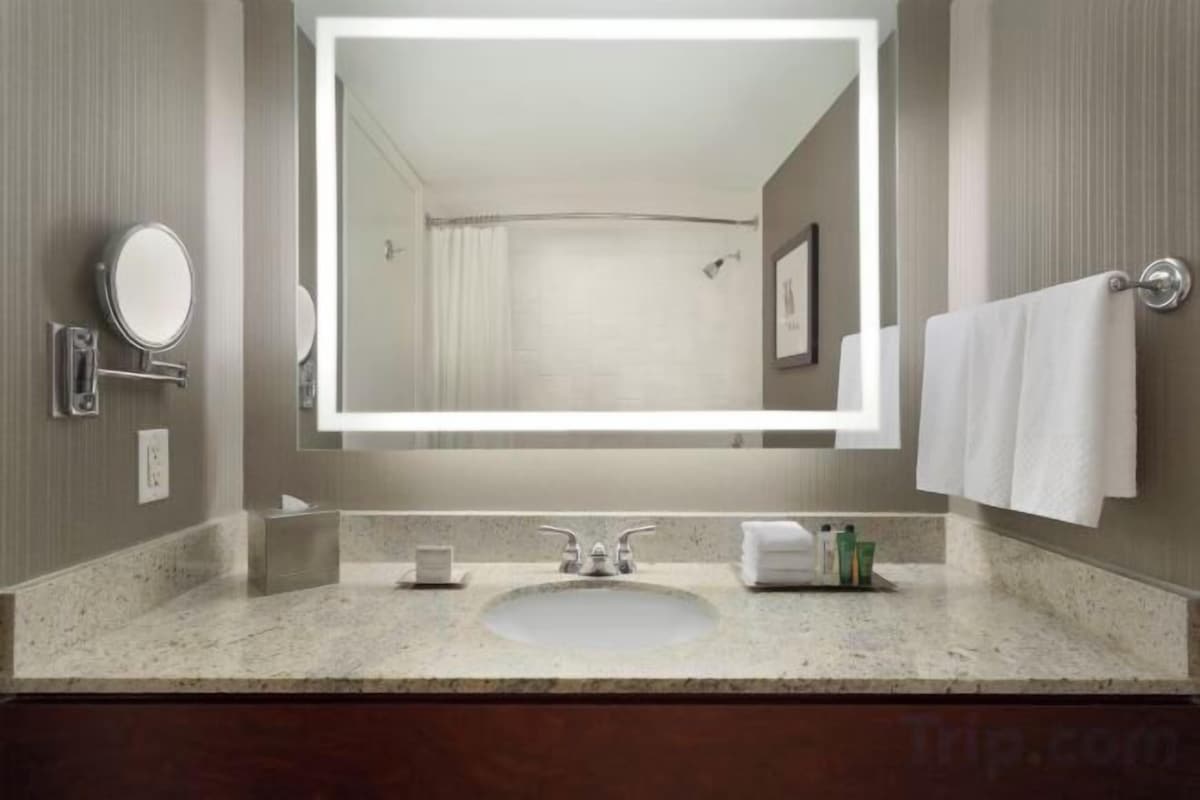 Shower, designer toiletries, hair dryer, towels