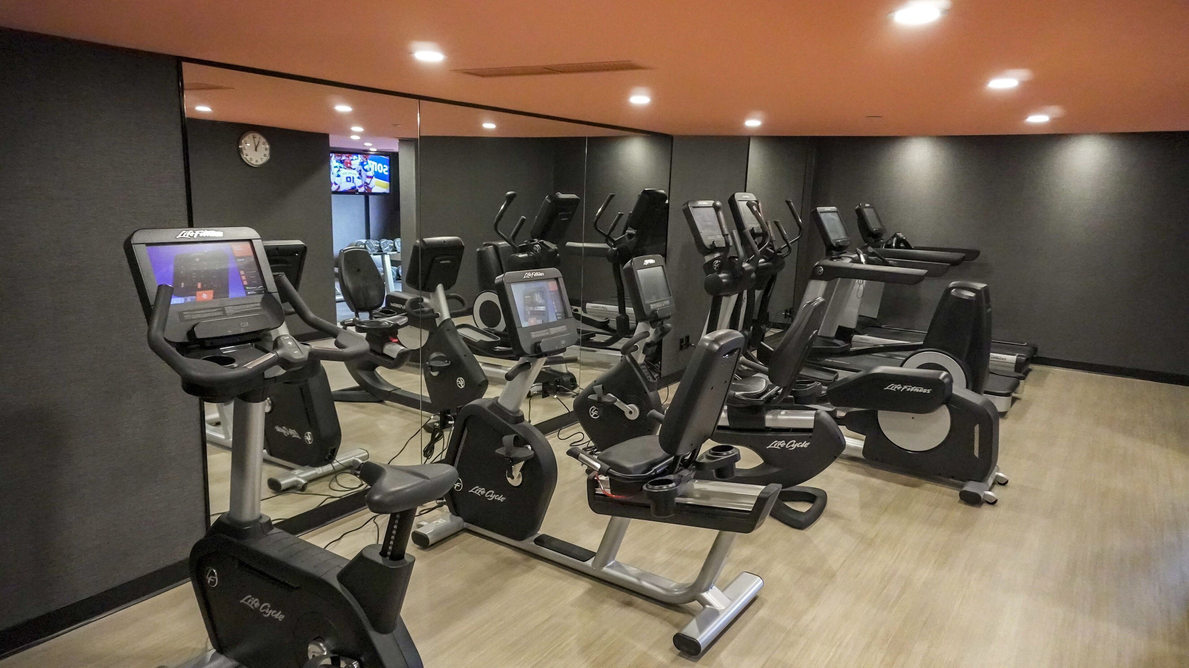 Ett gym med ett stort antal konditionsträningsmaskiner, inklusive löpband och crosstrainers, som är uppställda i rader.