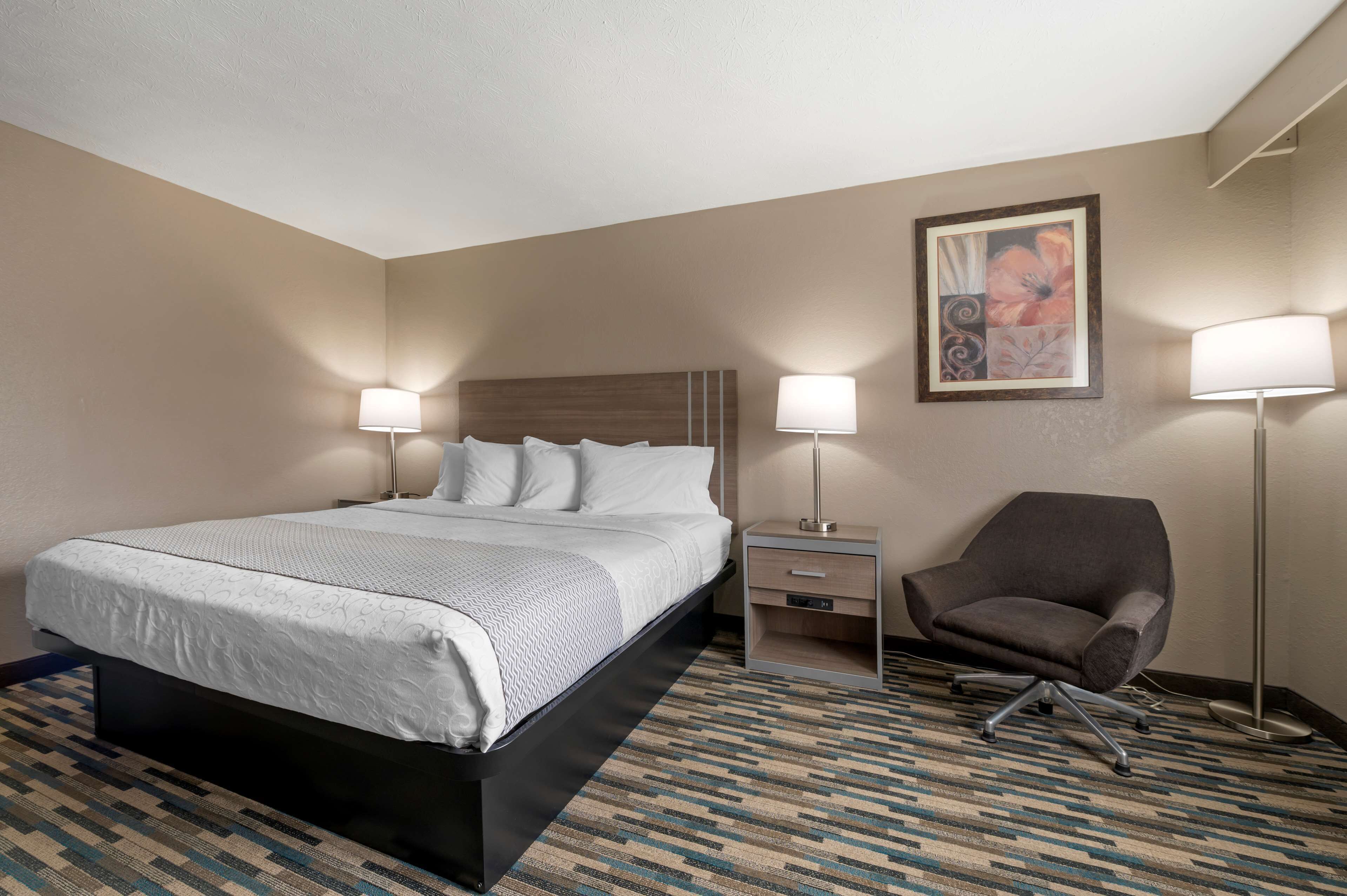 Une chambre d’hôtel avec un lit, des tables de chevet, une chaise et un tableau au mur.