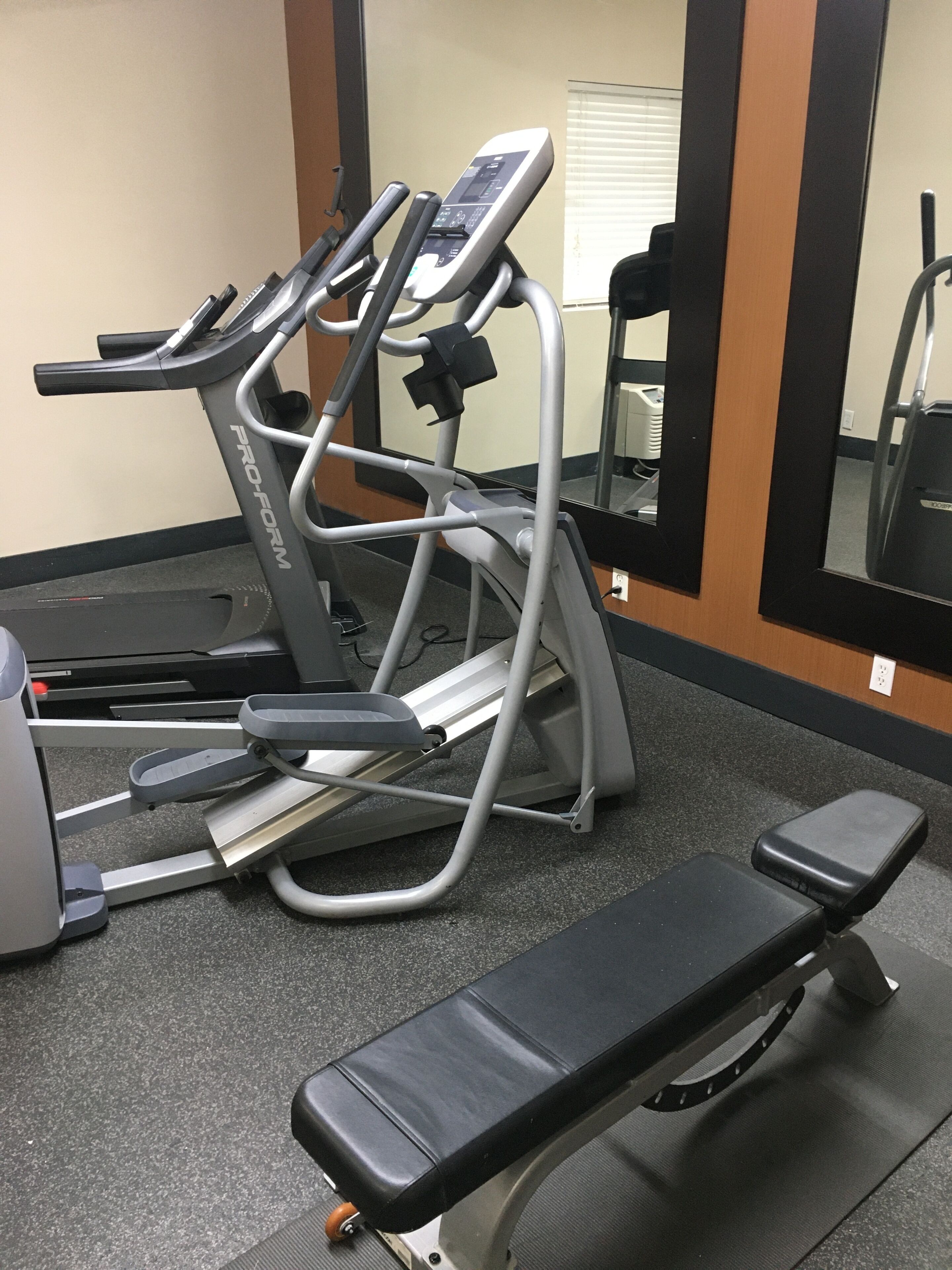 A gym with exercise equipment including a ProForm elliptical, a treadmill, and a bench.