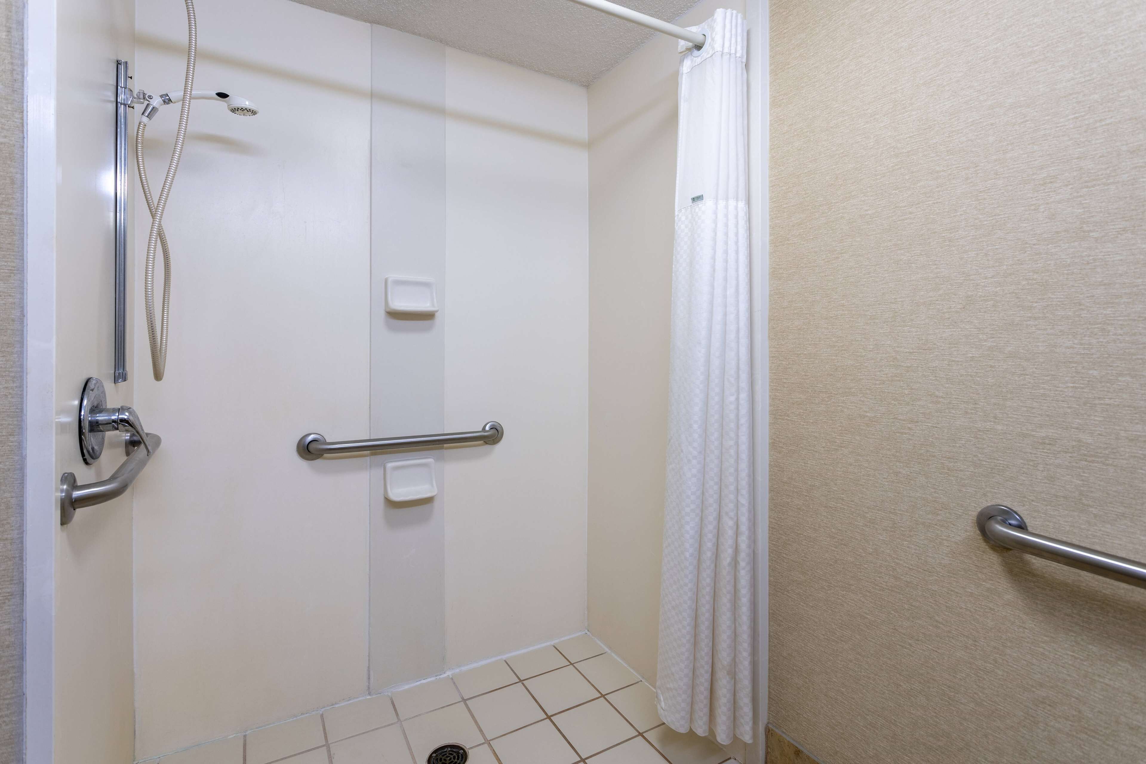 A shower with a handheld showerhead, a handheld shower control, and a grab bar.