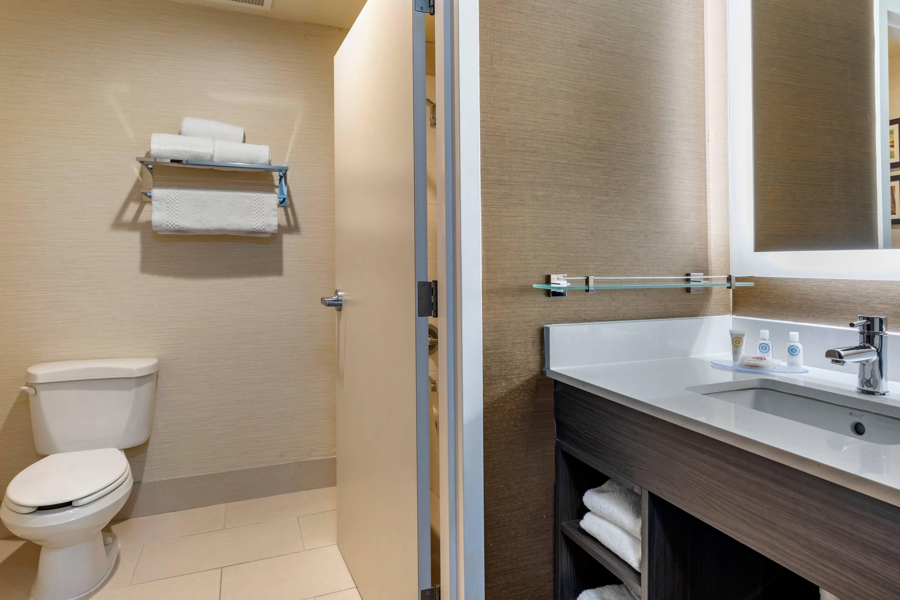 Een badkamer met toilet, handdoekhouder, douchecabine met glazen wanden en een wastafel met toiletartikelen.
