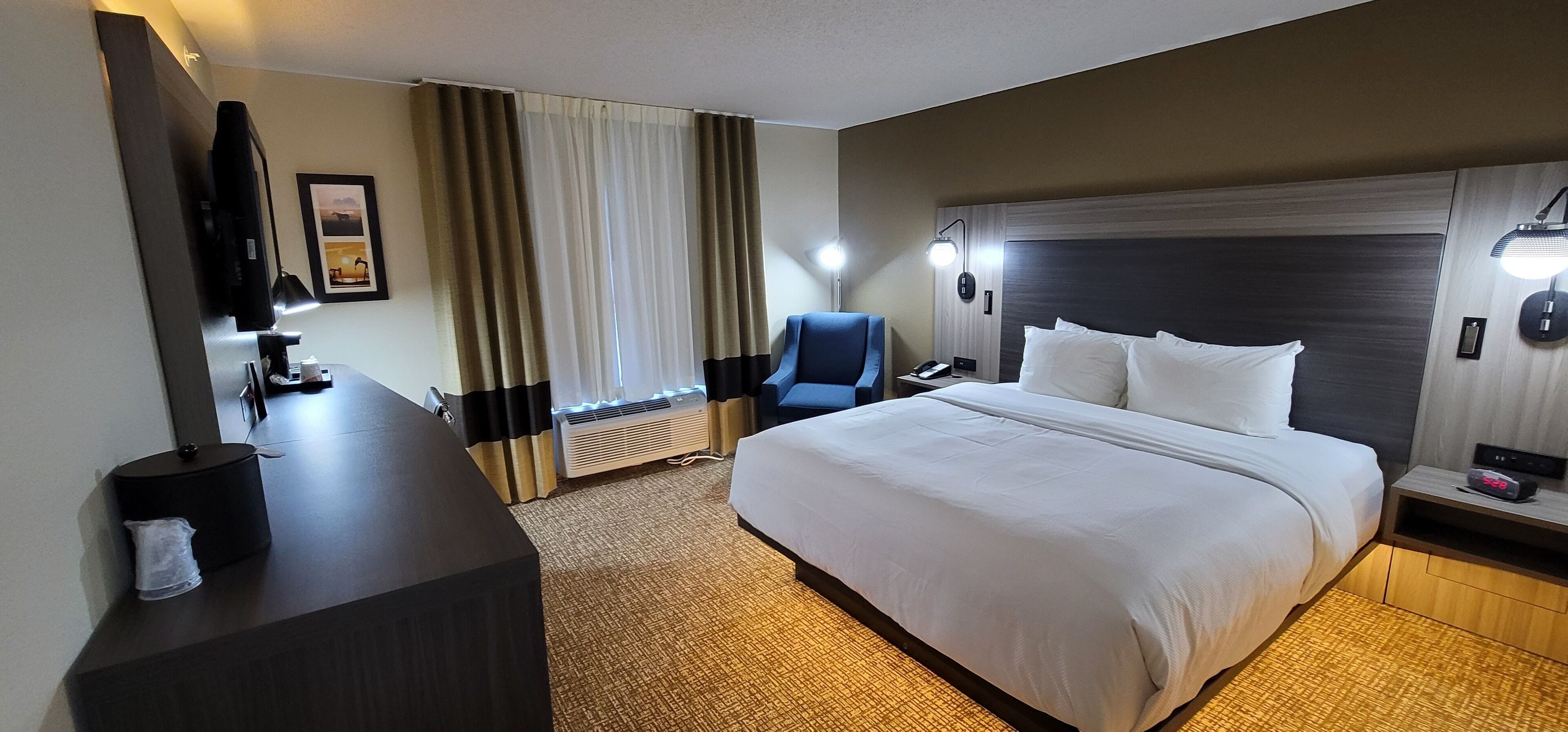A hotel room with a bed, a desk, a chair, a TV, and a nightstand with a lamp.