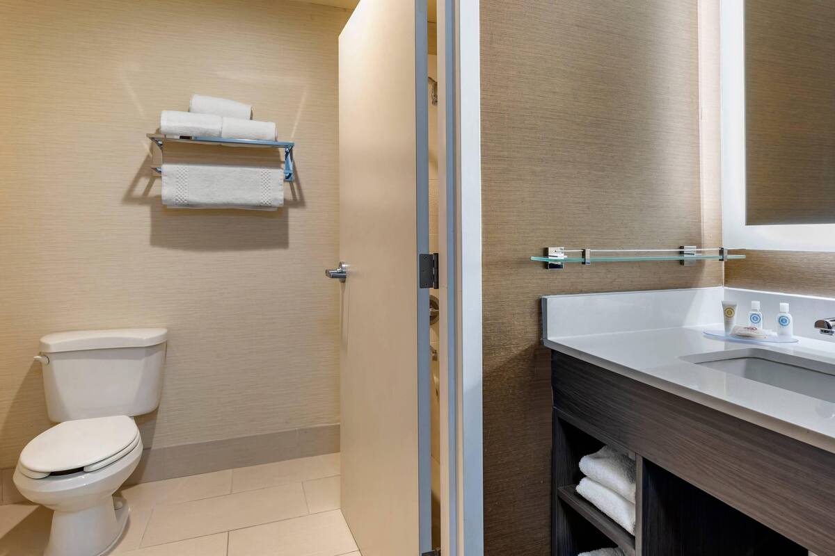Een moderne badkamer met toilet, handdoekhouder, wastafel met spiegel en een plank met toiletartikelen.