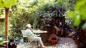 Área de pátio com mesa e cadeiras, cercada por vegetação densa.