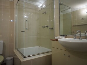 Combined shower/tub, free toiletries, hair dryer, towels