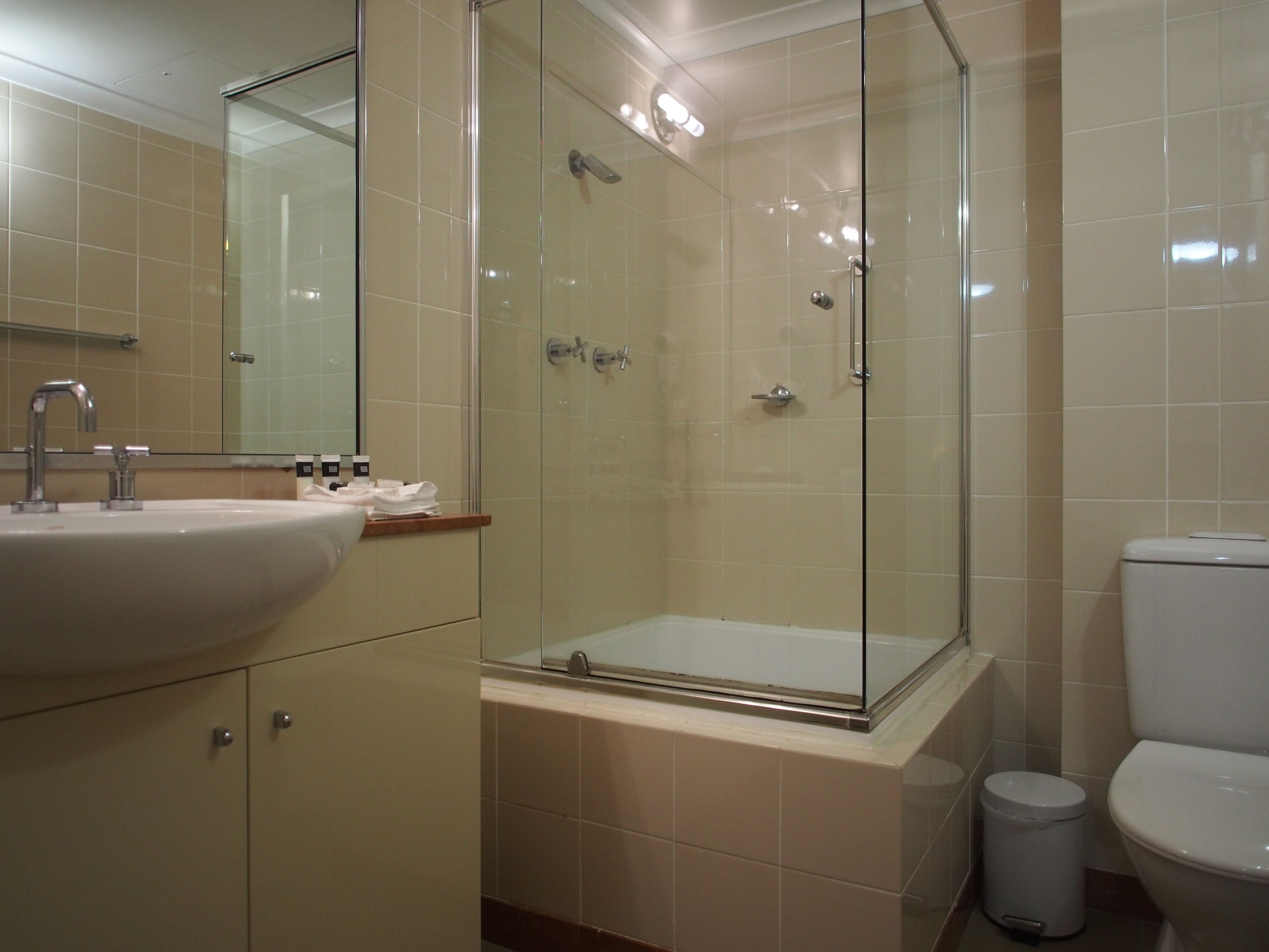 Combined shower/tub, free toiletries, hair dryer, towels