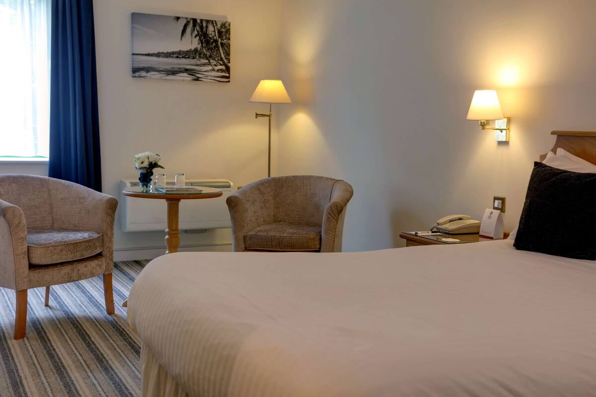 A hotel room with a large bed, two armchairs, a small table with a vase of flowers, a lamp, a telephone, and a painting on the wall.