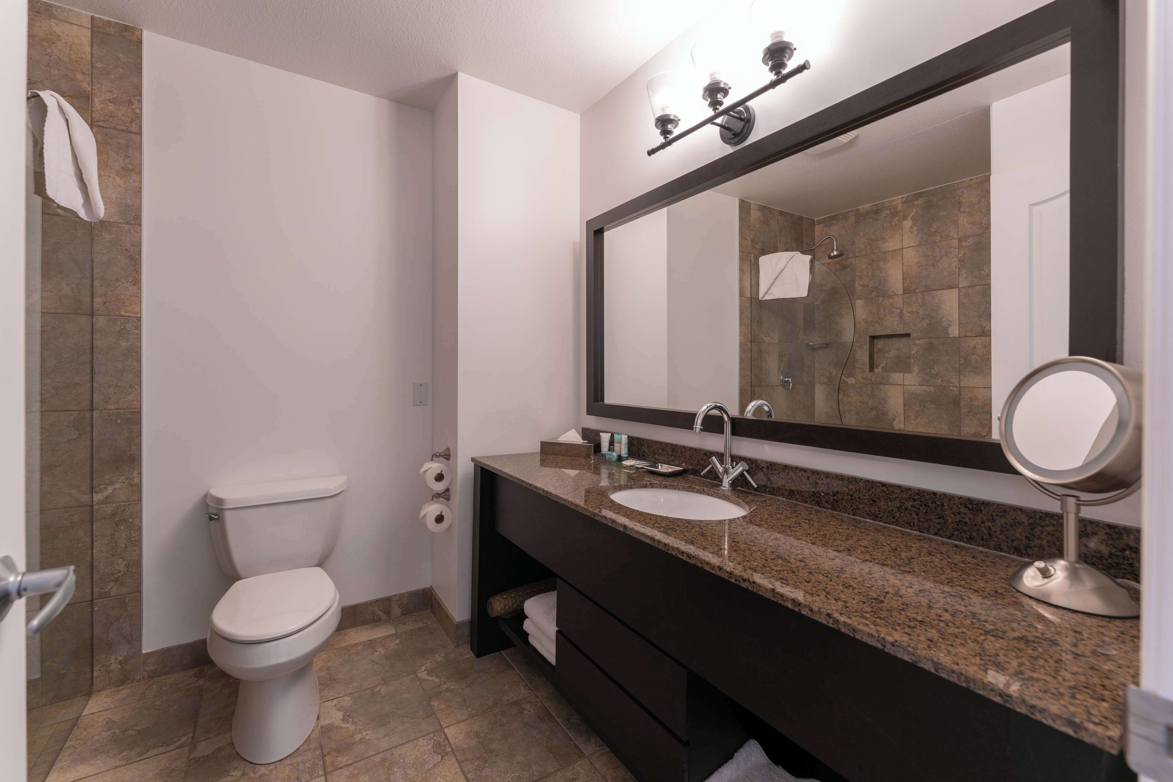 A modern bathroom with a toilet, sink, and large mirror.
