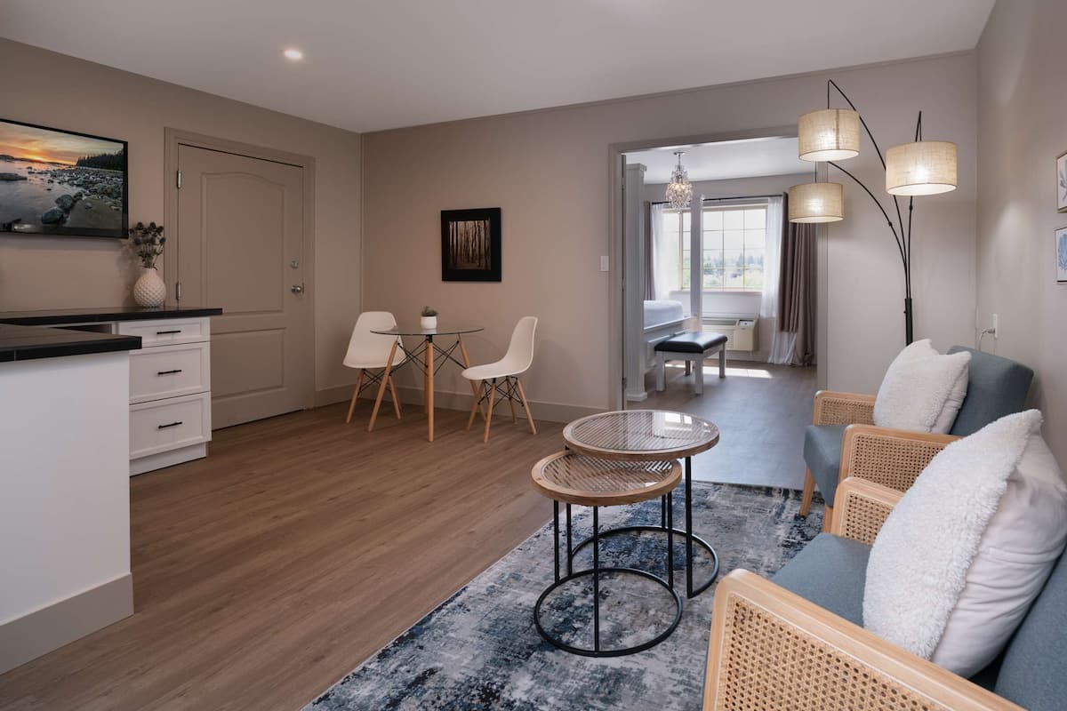 A modern living room with a sofa, chairs, a dining table, and a kitchen area.