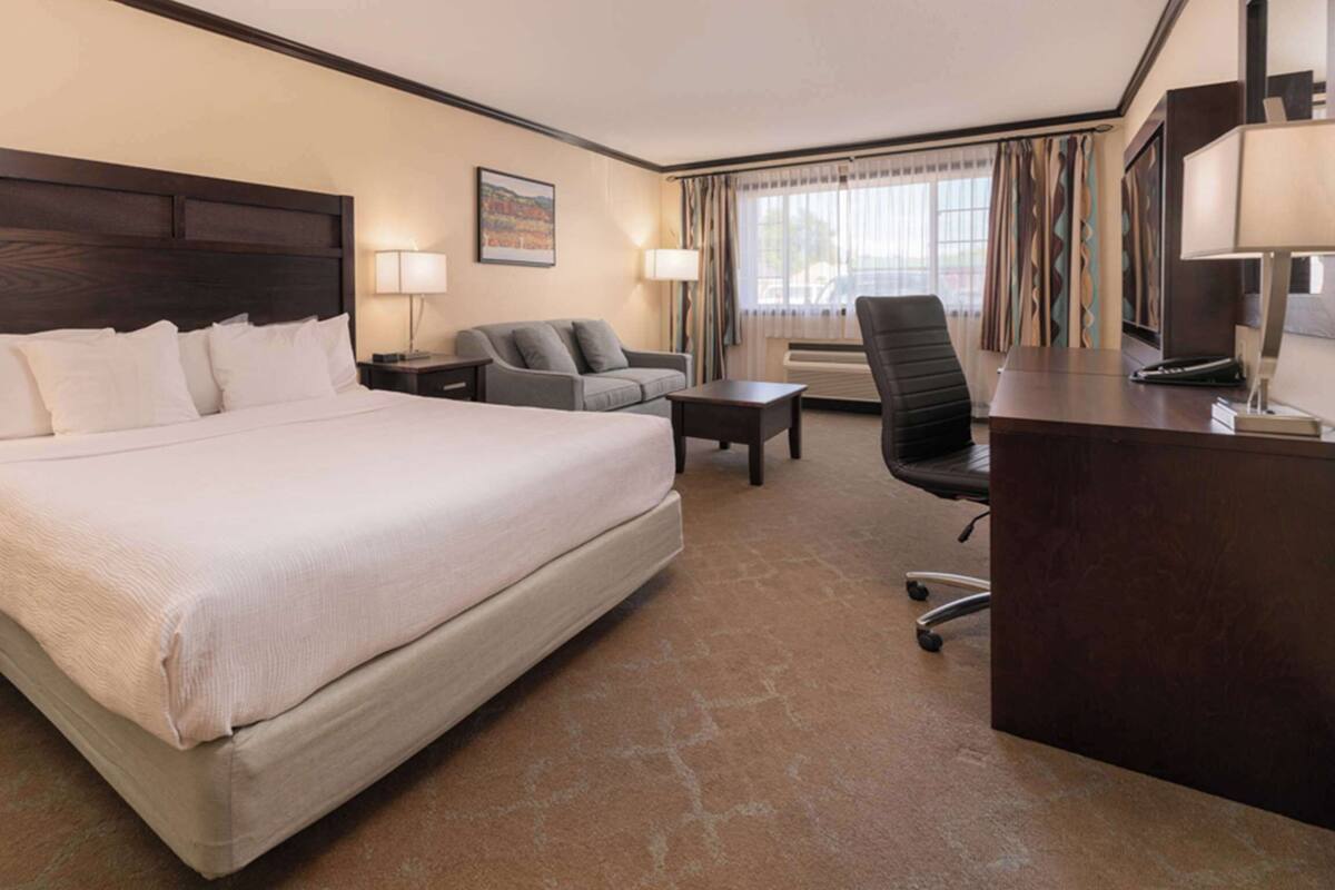 A hotel room with a large bed, a desk, a chair, a sofa, and a window with curtains.