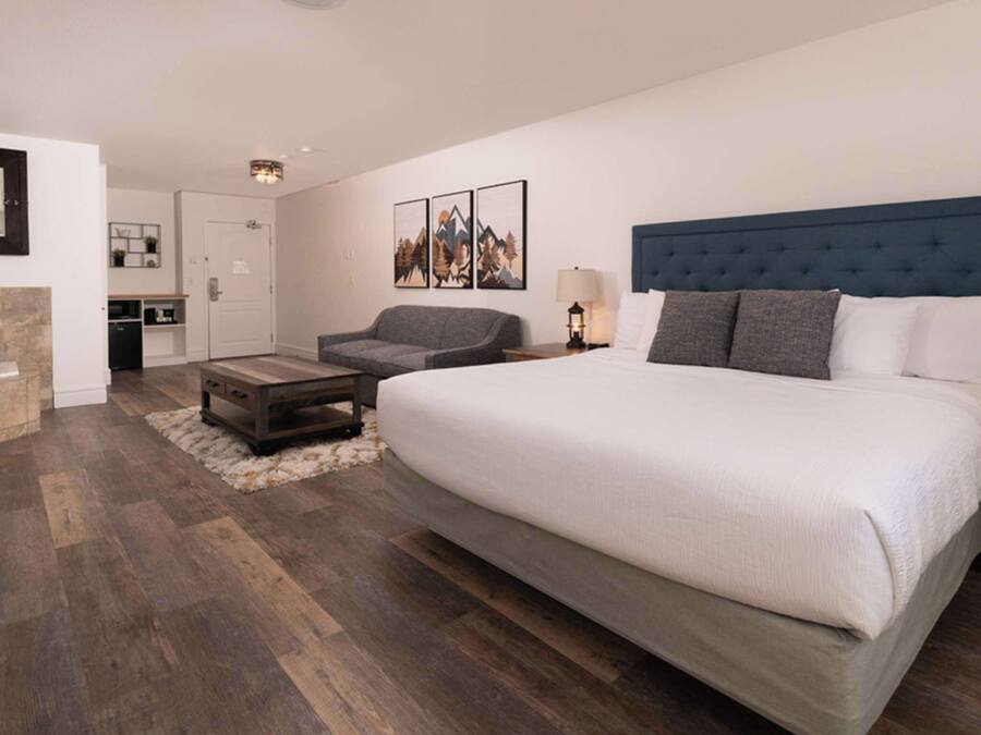 Una habitación de hotel con una cama grande, una zona de estar con un sofá gris, una mesita pequeña, un espejo en la pared y una bañera.