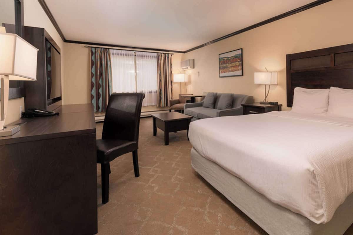 A hotel room with a large bed, a desk, a chair, a sofa, and a TV.