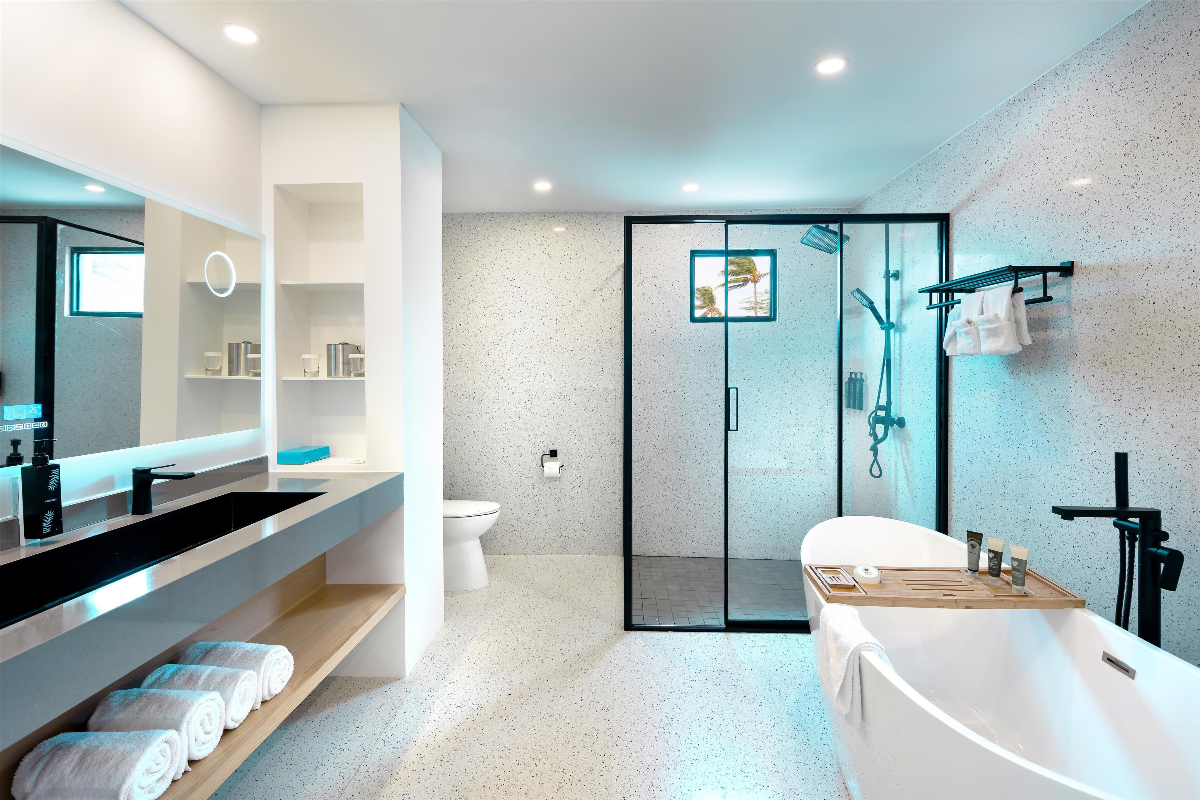 Een moderne badkamer met een vrijstaand bad, een douche met glazen wanden en een wastafel met een grote spiegel en planken.