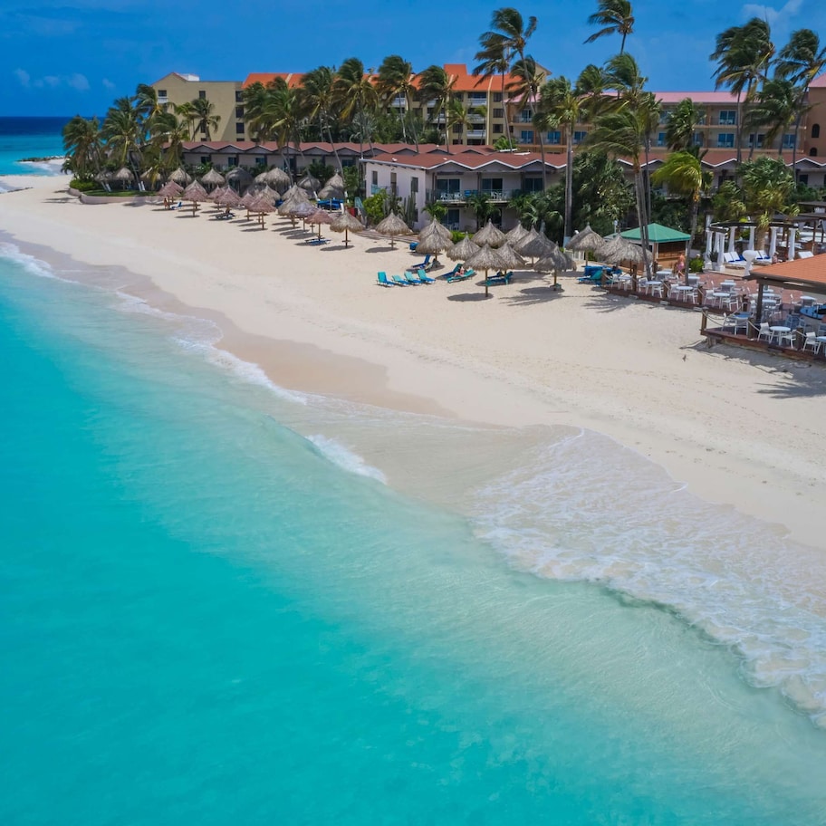A beach resort with a long sandy shore, palm trees, and a building with multiple balconies.