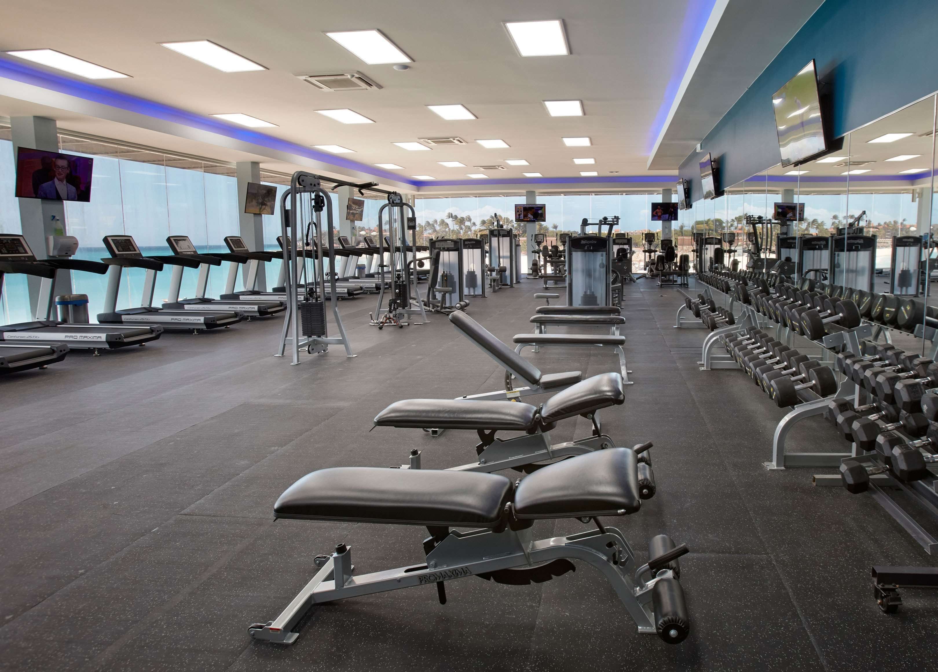 A gym with treadmills, weight machines, and dumbbells.