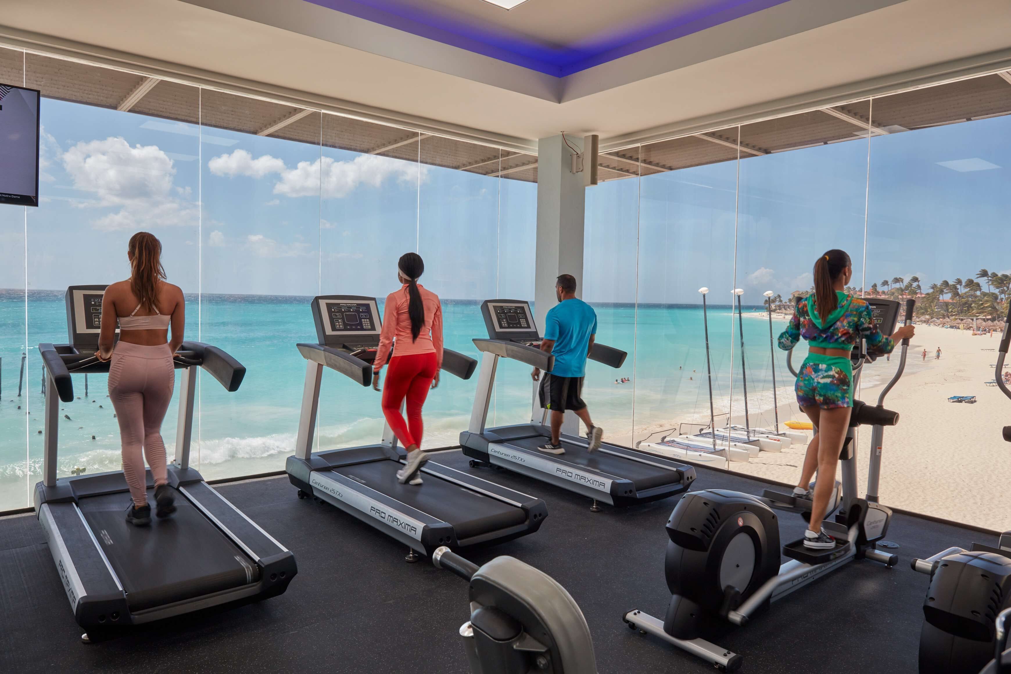 A gym with treadmills and exercise equipment, overlooking a beach with palm trees and a clear sky.