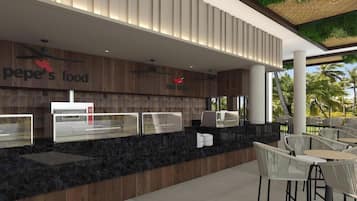 5 restaurantes, se sirven desayunos, comidas, cenas y cocina fusión