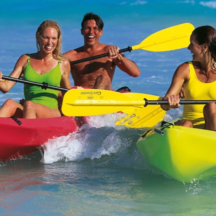 A group of people kayaking on a beach.