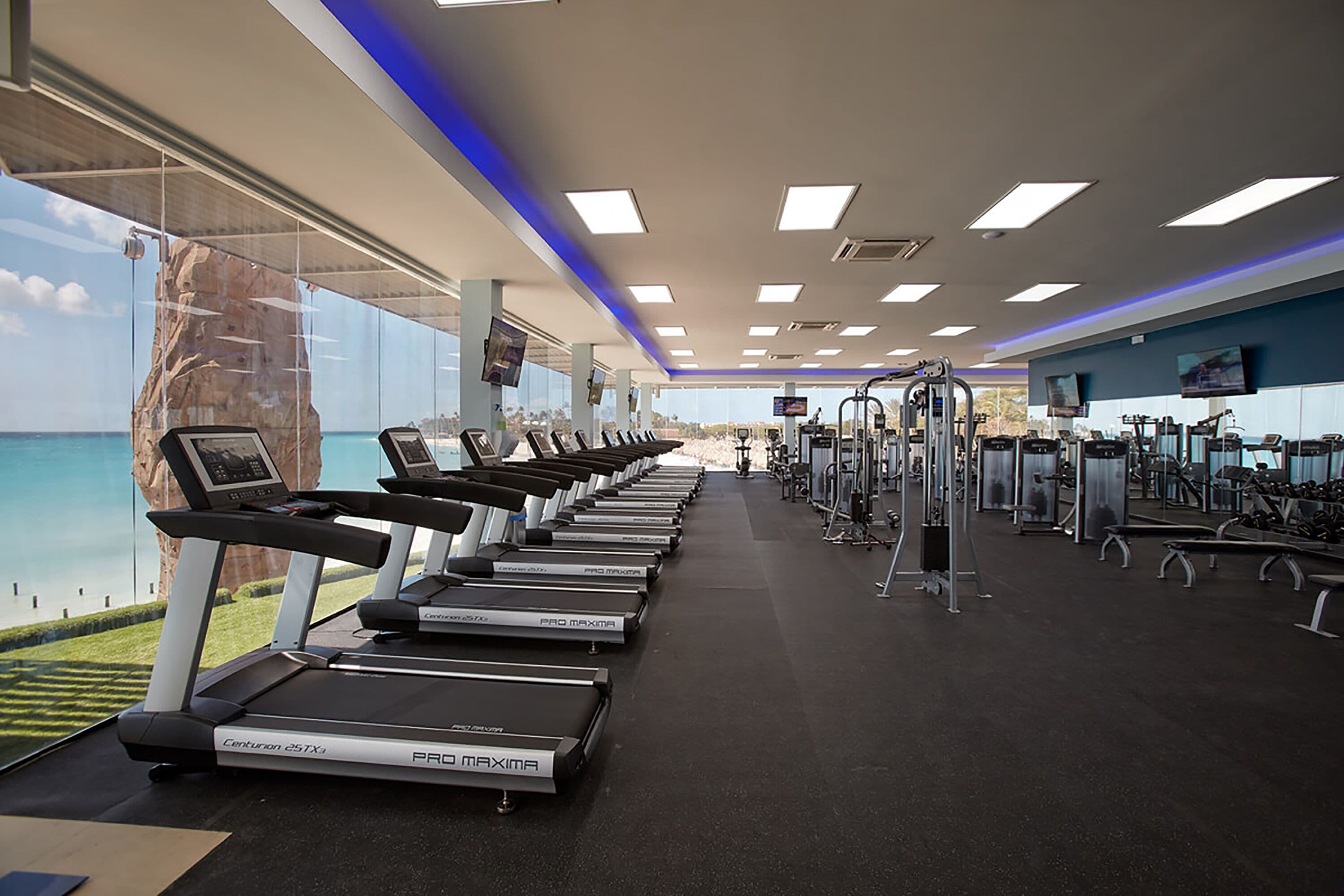 A gym with treadmills, weight machines, and a large window with a view of the ocean.