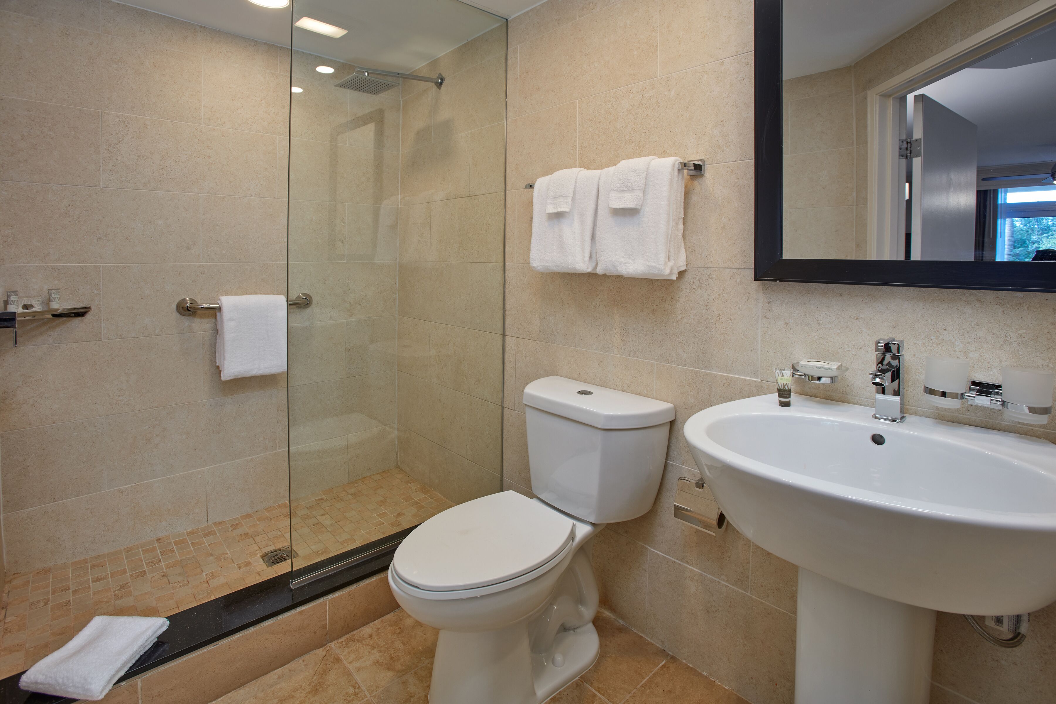 A modern bathroom with a glass shower enclosure, a white toilet, and a sink with a mirror above it.