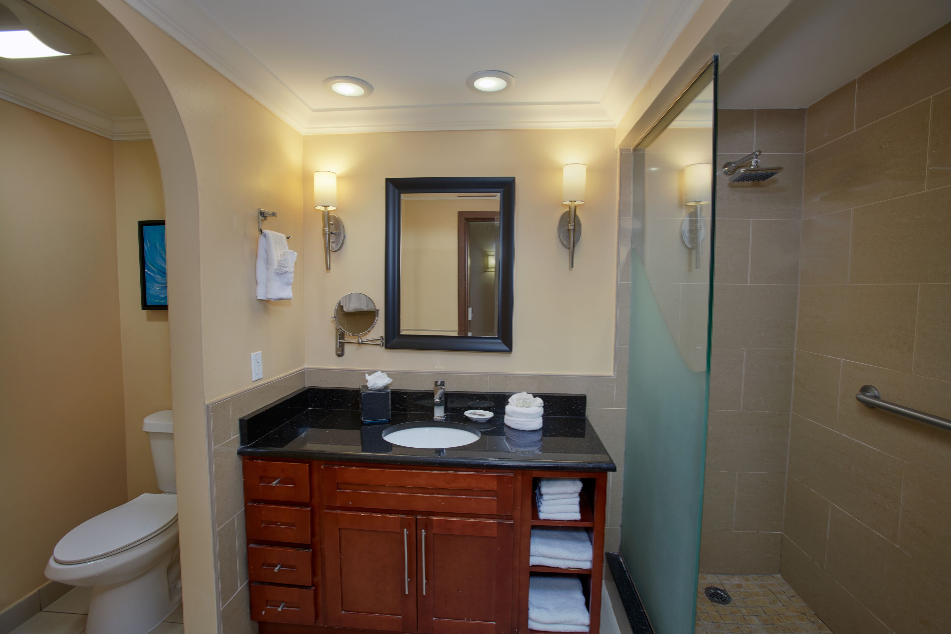 Une salle de bain comprenant des toilettes, un lavabo, un meuble-lavabo, un miroir et une douche.