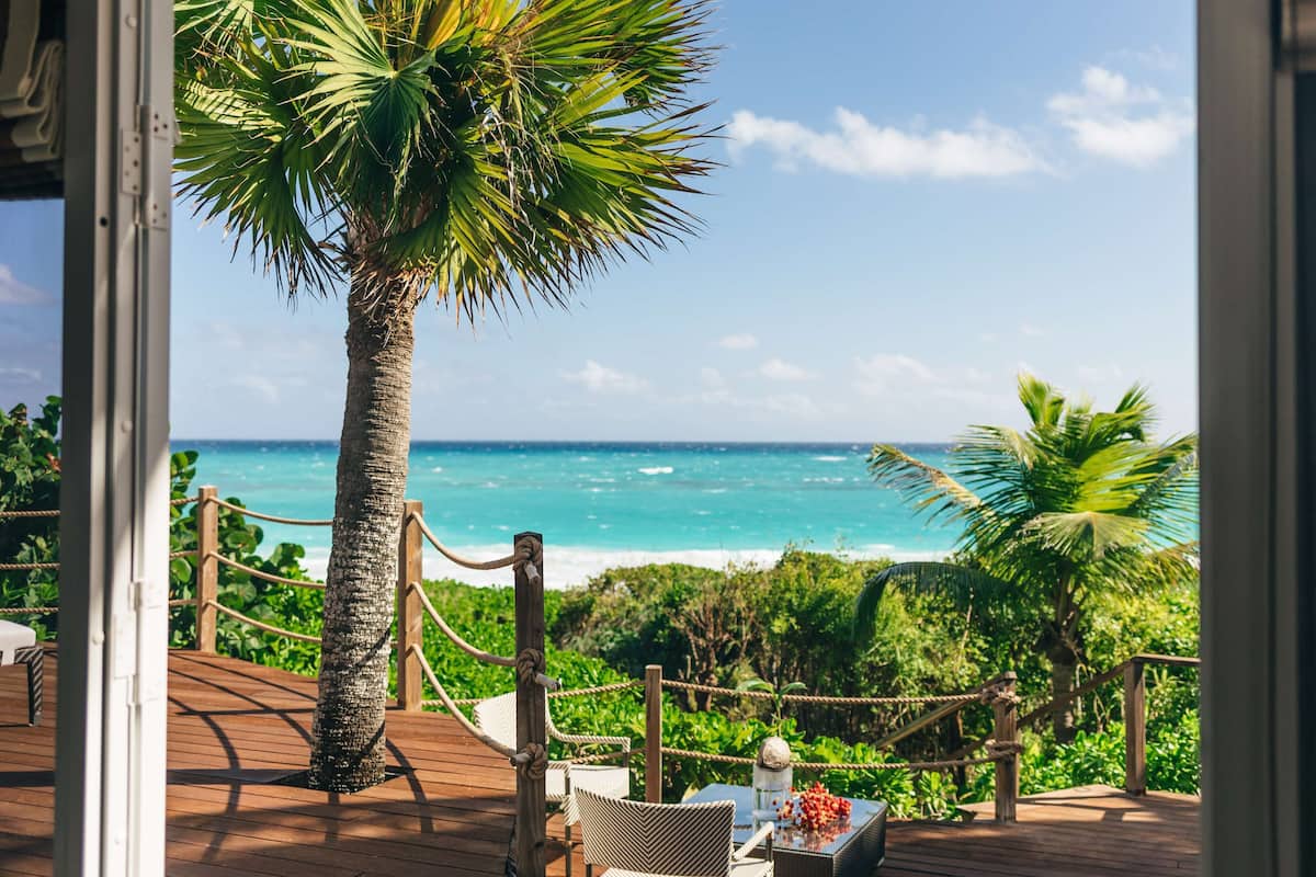 A wooden deck with a rope barrier, a palm tree, and a view of the ocean.