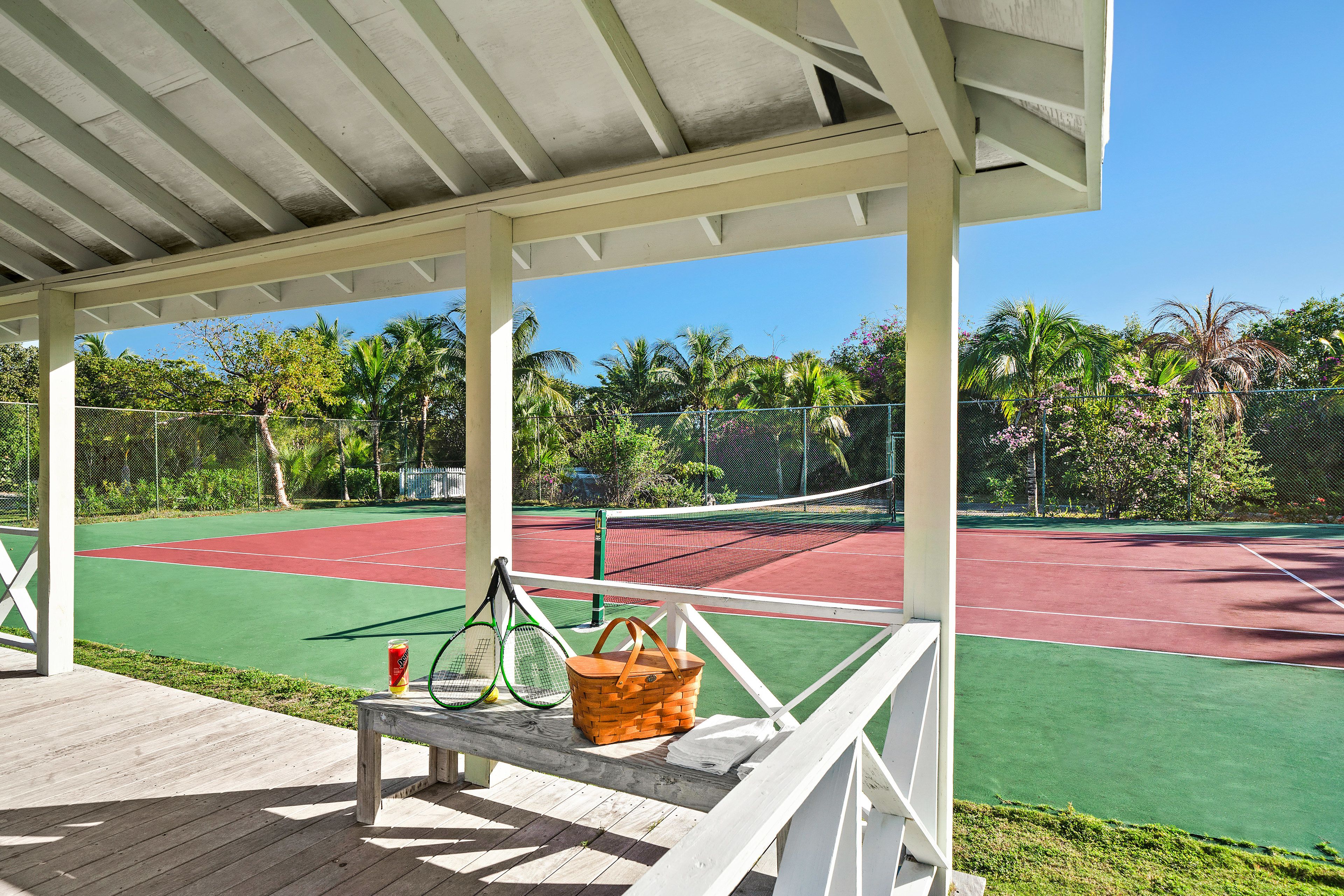 Cancha de tenis con un banco de madera y una cesta, rodeada por una cerca y palmeras.
