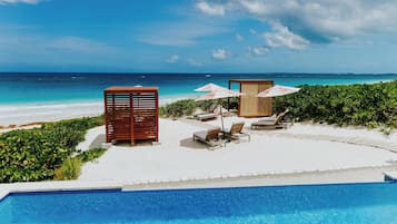 Outdoor pool, pool umbrellas, pool loungers
