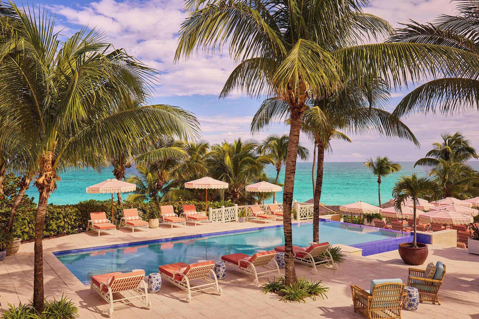 Outdoor pool, pool umbrellas, pool loungers