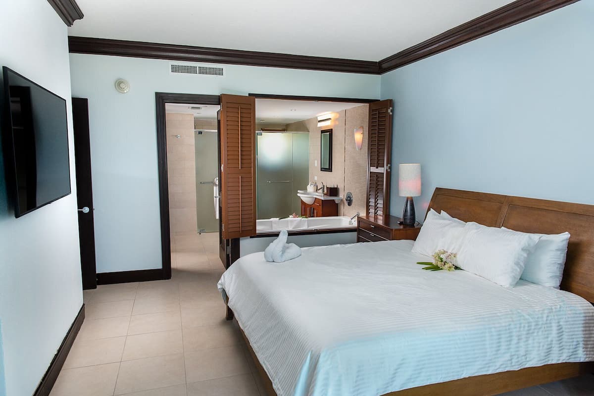 Habitación de hotel con una cama grande, televisión, baño con espejo y lavabo.