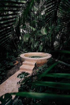 A circular stone structure surrounded by dense tropical foliage.