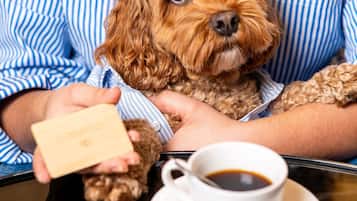A person holding a card and a cup of coffee, with a dog on their lap.