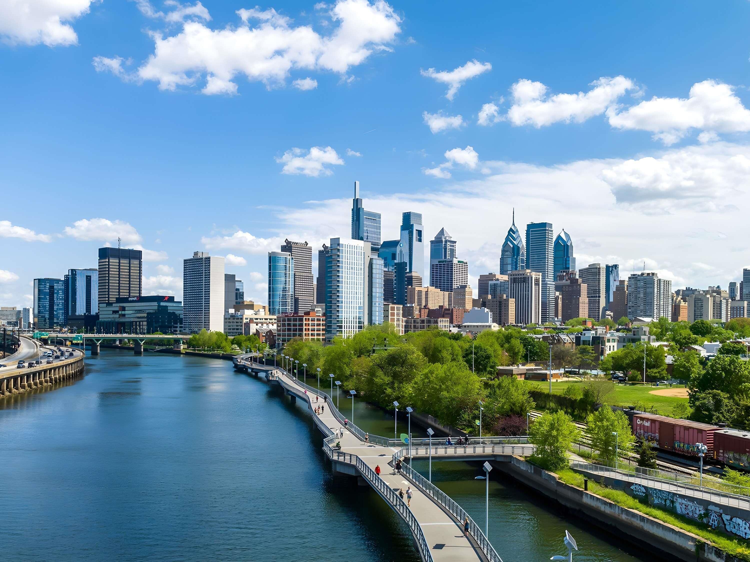 A city skyline with modern buildings, a river, and a pedestrian bridge.