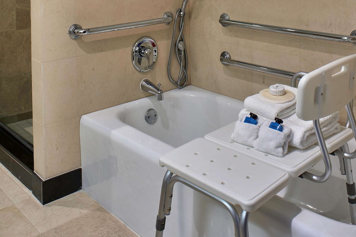 Separate bathtub and shower, designer toiletries, hair dryer, bathrobes