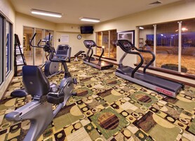 Un gimnasio con máquinas de cardio, un espejo grande y una alfombra estampada.