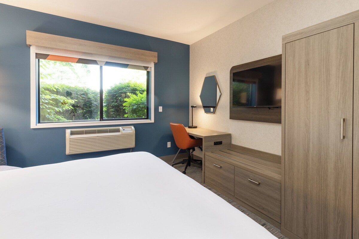 A hotel room with a bed, a desk, a chair, a TV, and a wardrobe.